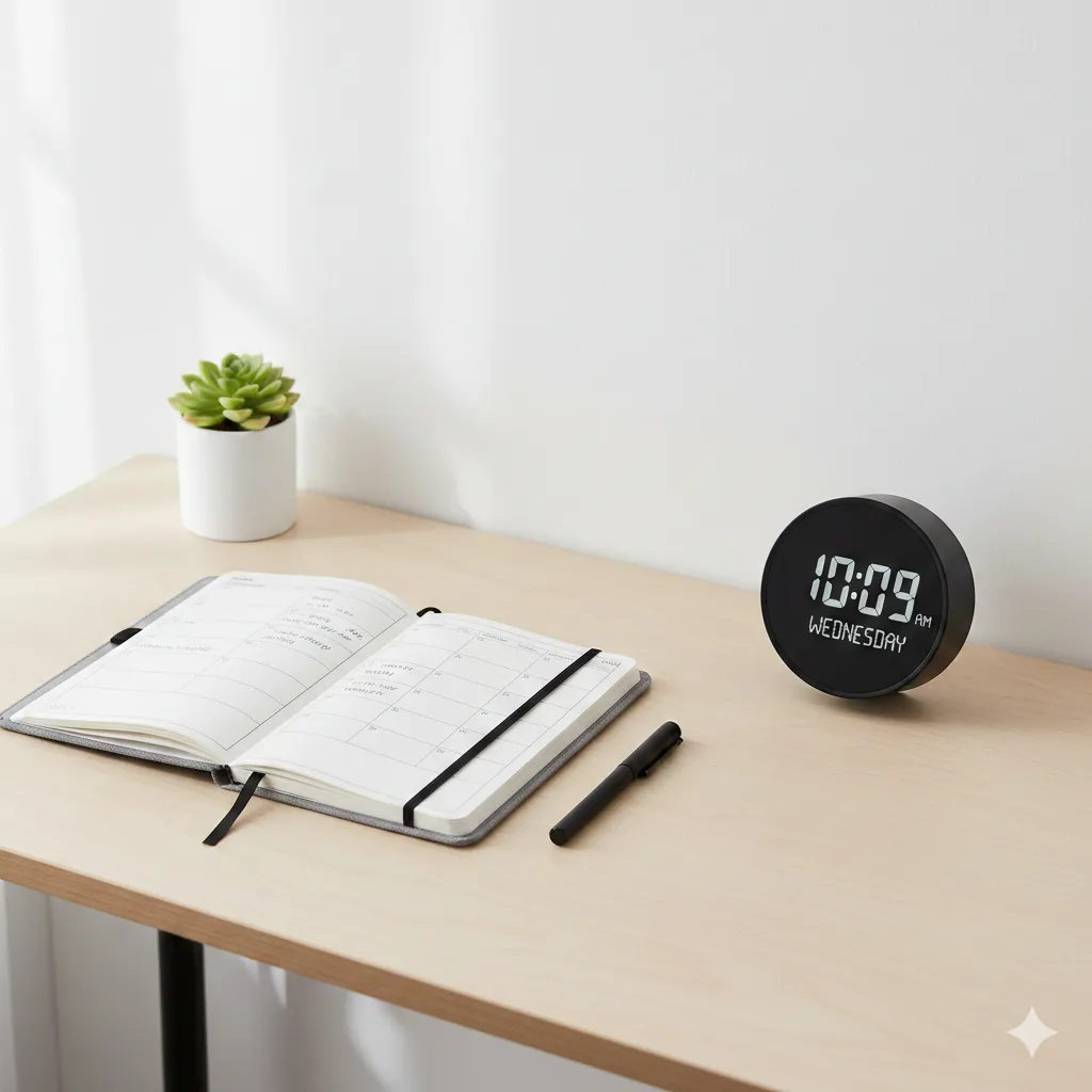 Minimal desk with planner and clock for personal schedule